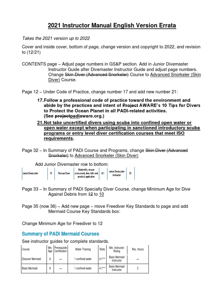 2022 PADI Instructor Manual Errata (Summary of Changes Between 2022 and ...