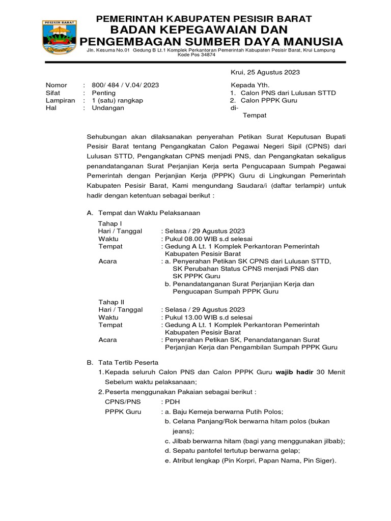 Surat Undangan Penyerahan SK PPPK Dan CPNS 2023 | PDF