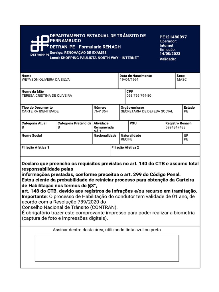 Formulário RENACH para Renovação de CNH | PDF