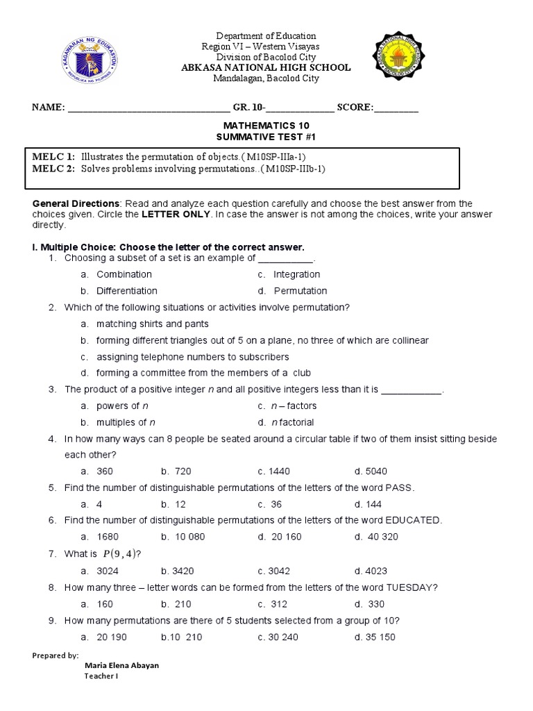 Math 10 Summative Test on Permutations | PDF | Permutation ...