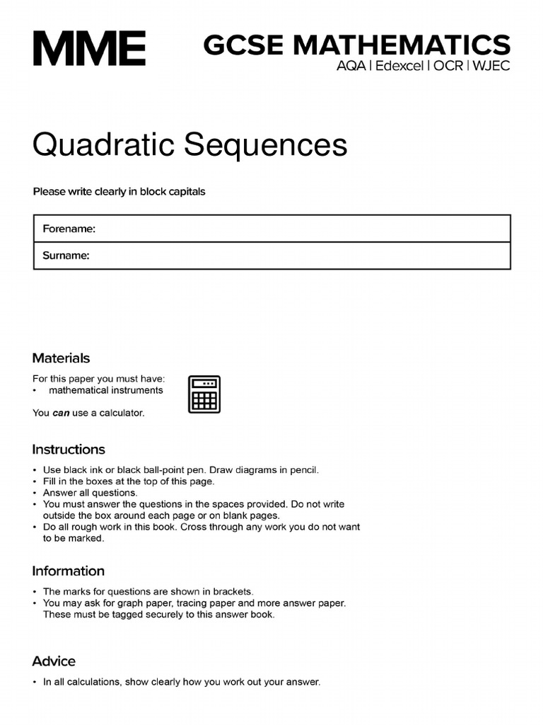 Quadratic Sequences Questions MME | PDF | Quadratic Equation ...