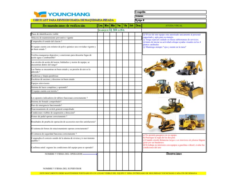 Check List Diario para Maquinaria Pesada | PDF | Vehículo de motor ...