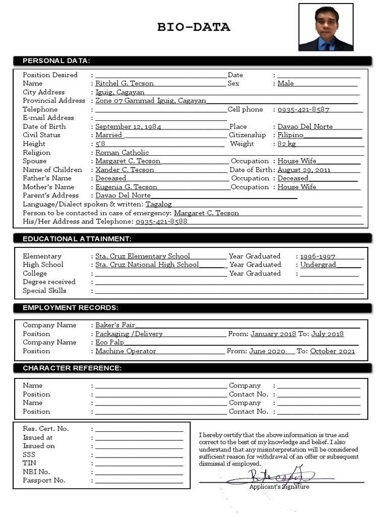 Job Biodata Example for Applicants | PDF | Government And Personhood