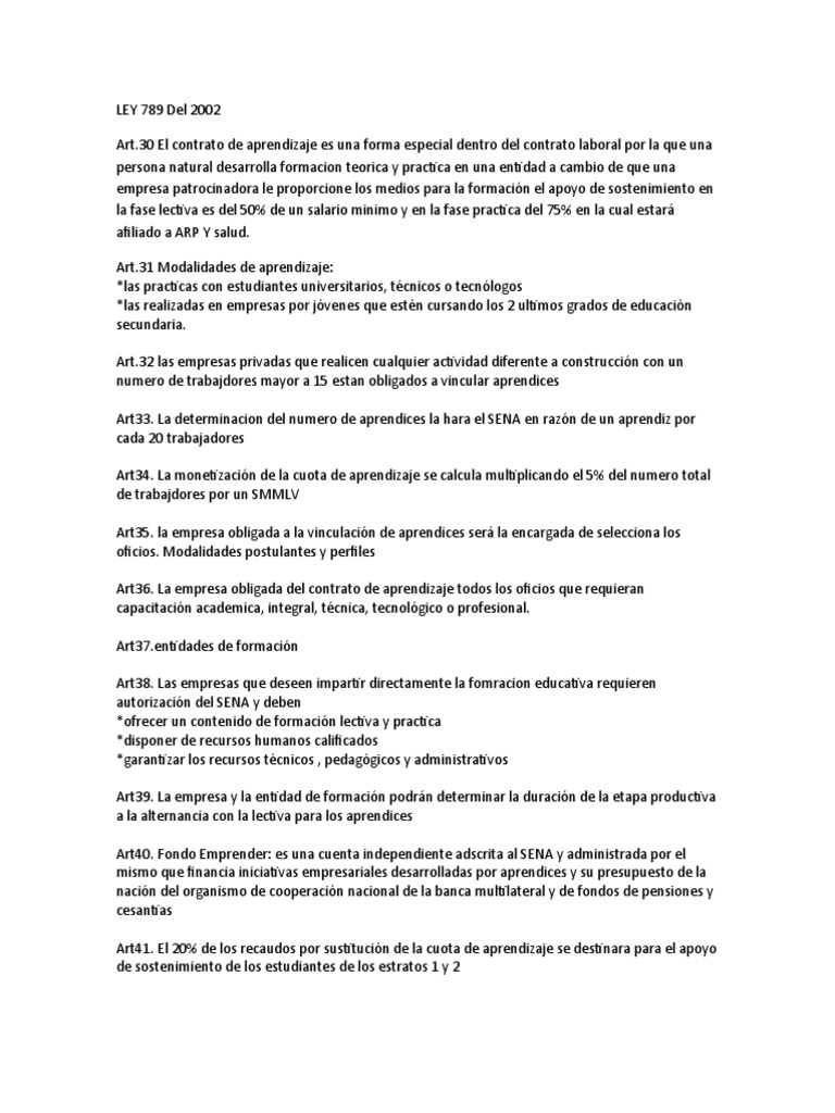 Ley 789 de 2002: Contrato de Aprendizaje | PDF | Economias