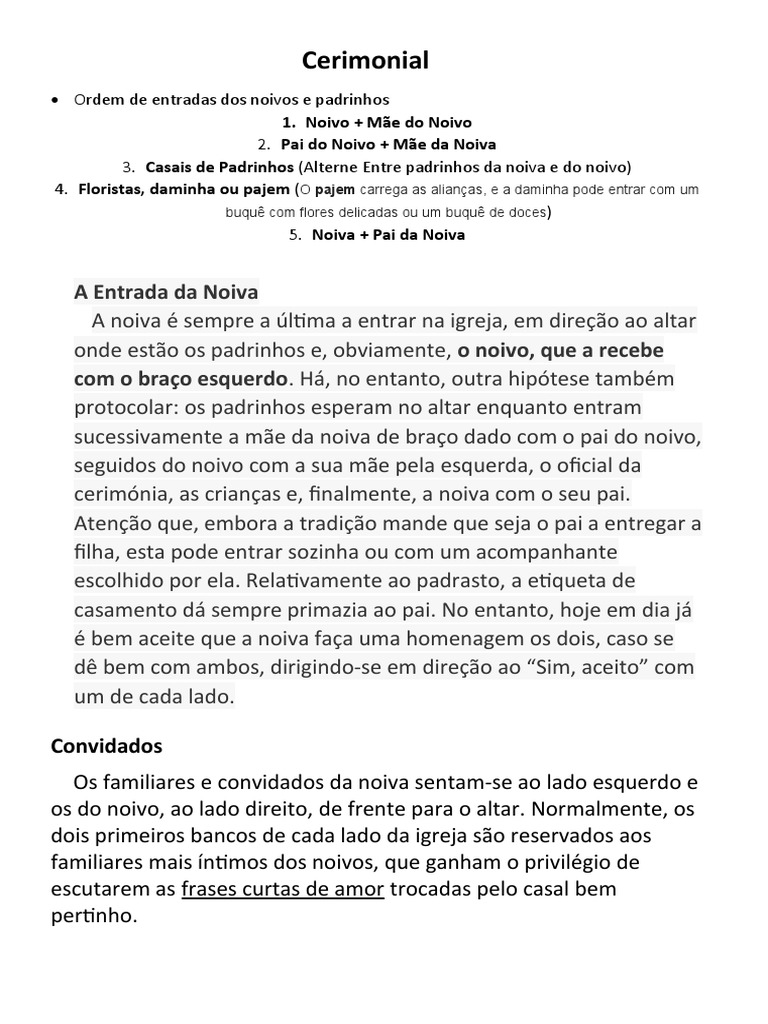 Roteiro Cerimonial de Casamento | PDF | Etiqueta | Casamento
