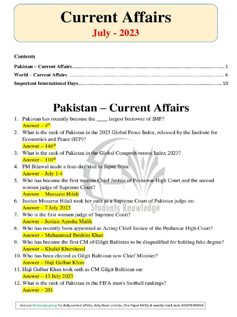 July 2023 - Full Month Current Affairs | PDF