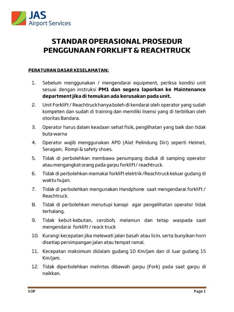 SOP operasional Forklift & Reachtruck | PDF