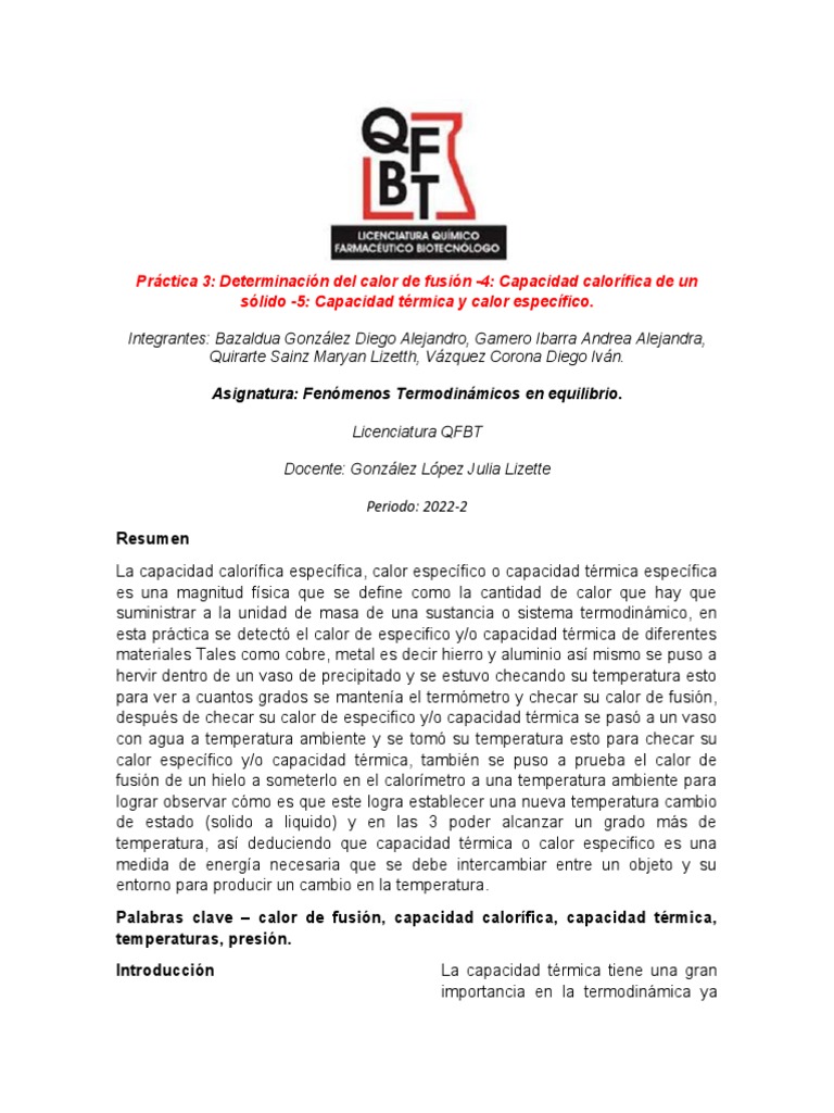 Calor de fusión y capacidad térmica | PDF | Calor | Capacidad calorífica