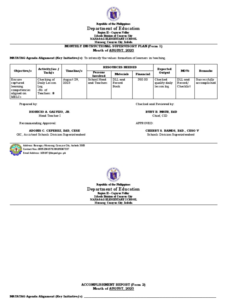 Monthly Instructional Supervisory Plan 2023 | PDF | Cognition ...