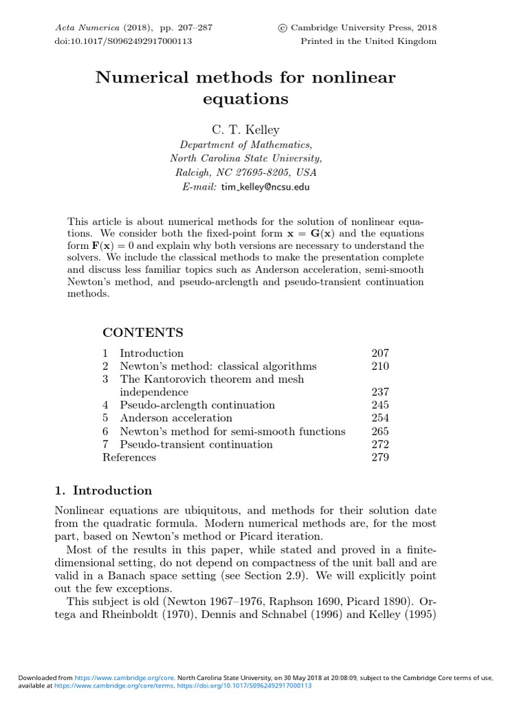 Numerical Methods For Nonlinear Equations: C. T. Kelley | PDF ...