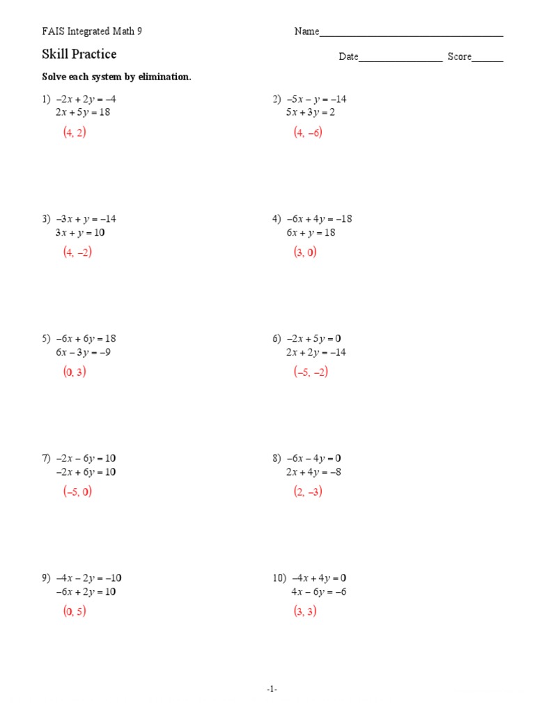 Solving Systems by Elimination Worksheet | PDF | Equations ...