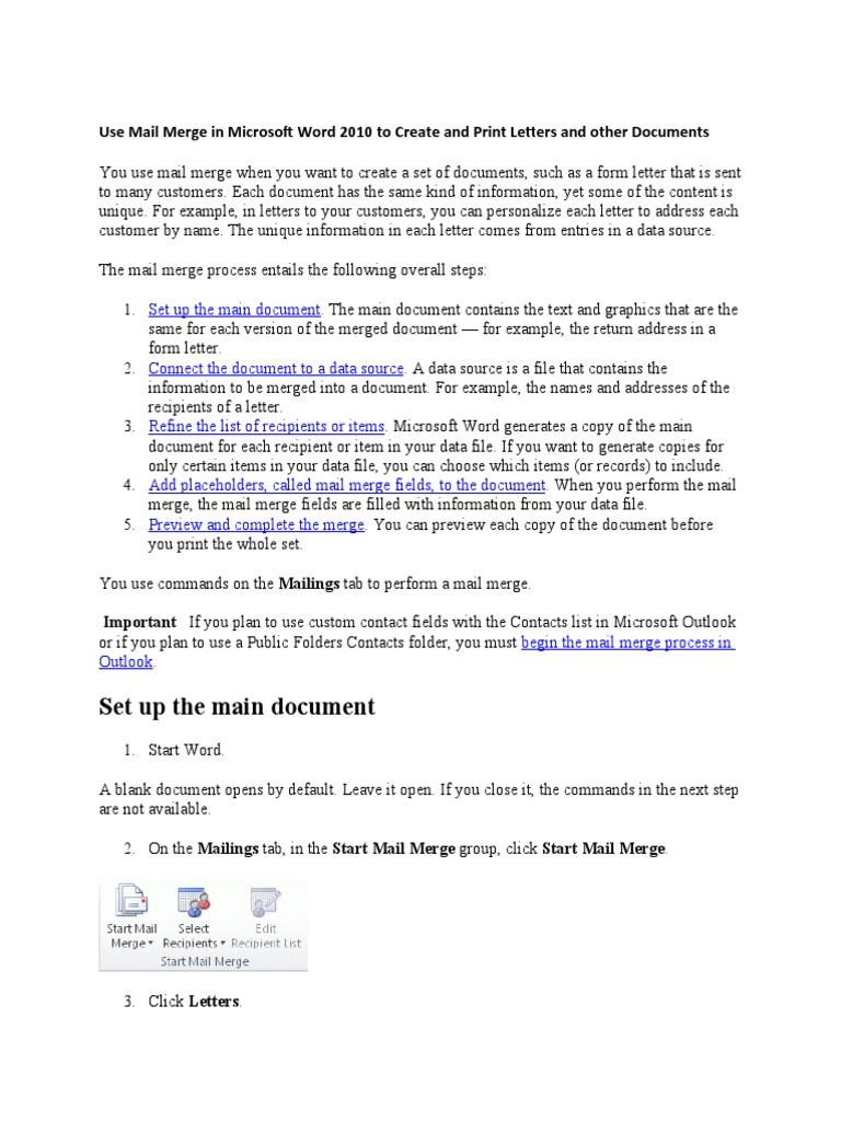 Set Up The Main Document: Use Mail Merge in Microsoft Word 2010 To ...