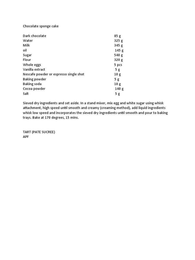 Chocolate Sponge Caketart Ingredients Procedure PDF