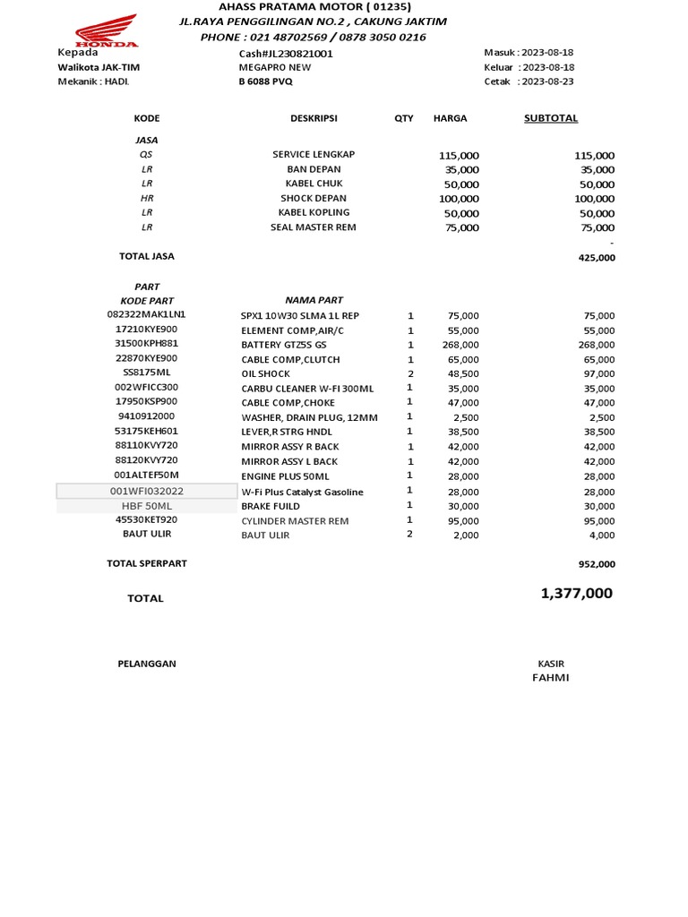 Invoice Honda 6 Unit PDF Motor Vehicle Transport