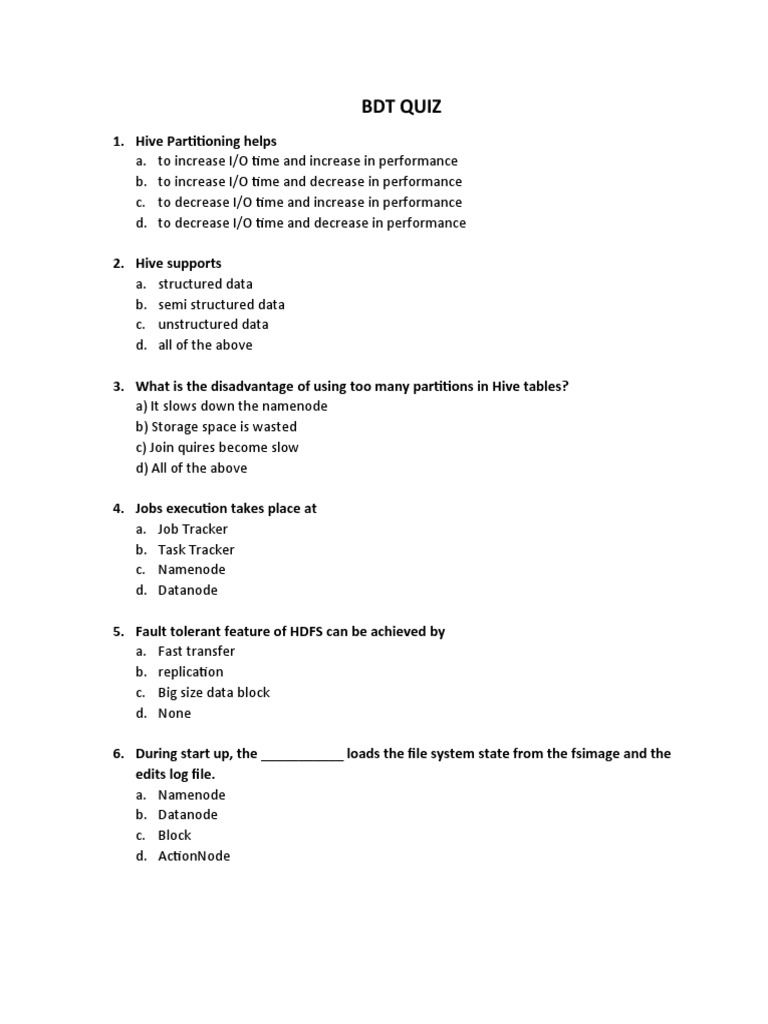 BDT Quiz PDF Apache Hadoop System Software