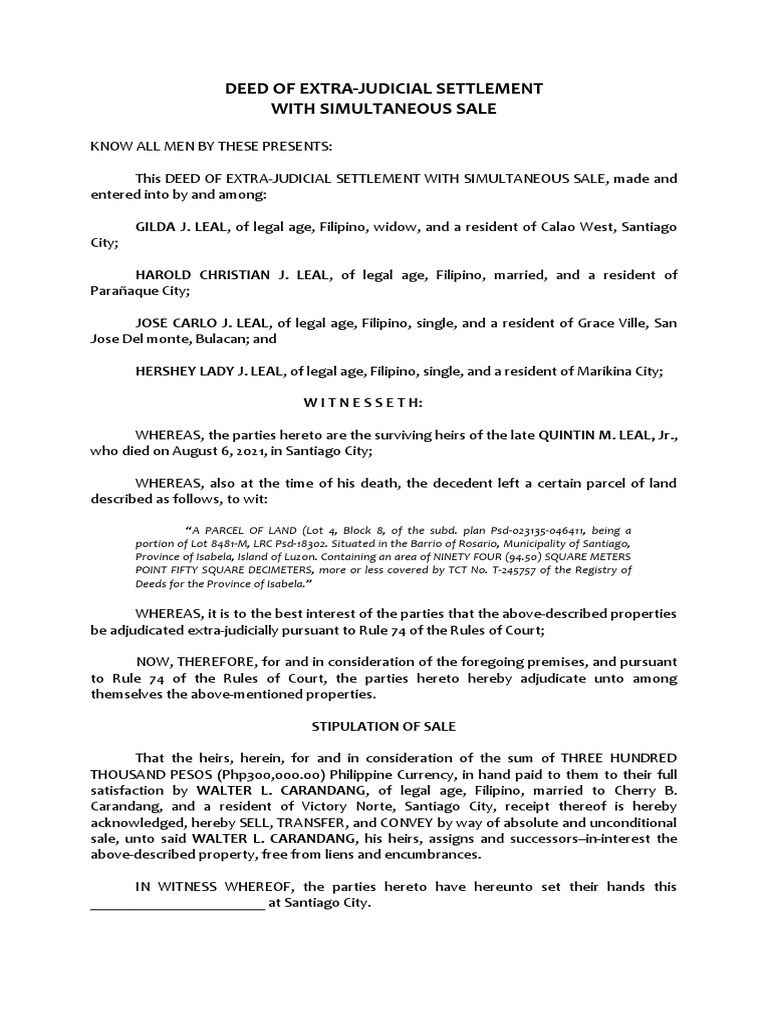 Extra-Judicial Settlement and Sale | PDF | Real Property Law | Natural ...