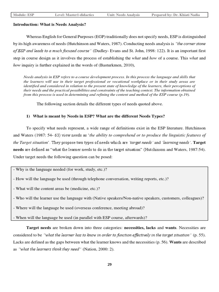 Understanding Needs Analysis in ESP | PDF | Learning | Linguistics