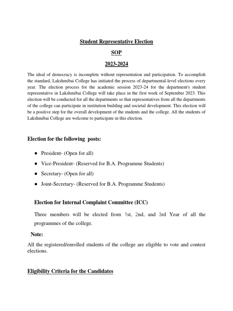 Lakshmibai College Election SOP 2023 | PDF | Bachelor Of Arts | Elections