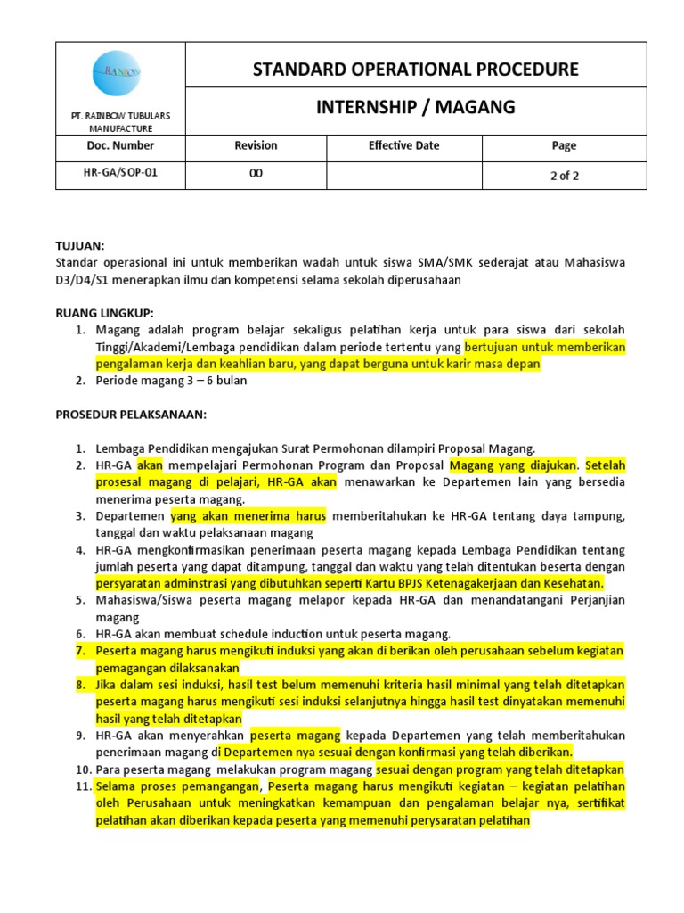 SOP Magang di PT. Rainbow Tubulars | PDF