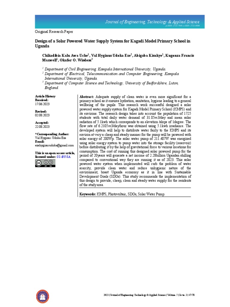 Design Of A Solar Powered Water Supply System For Kagadi Model Primary