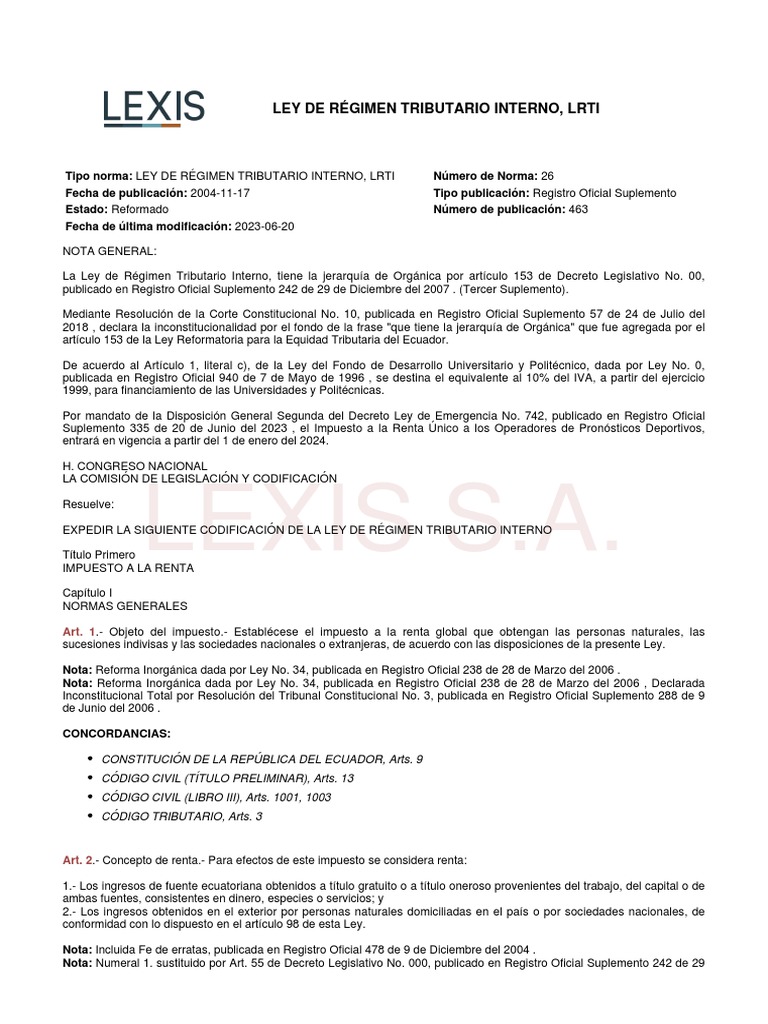 Ley de Regimen Tributario 2023 | PDF | Impuesto sobre la renta | Impuestos