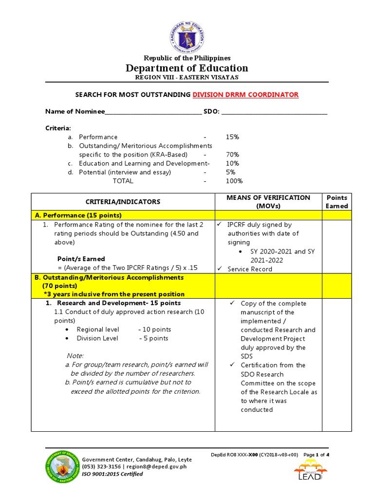 Guidelines For Outstanding DepEd Employee Region VIII | PDF | Academic ...