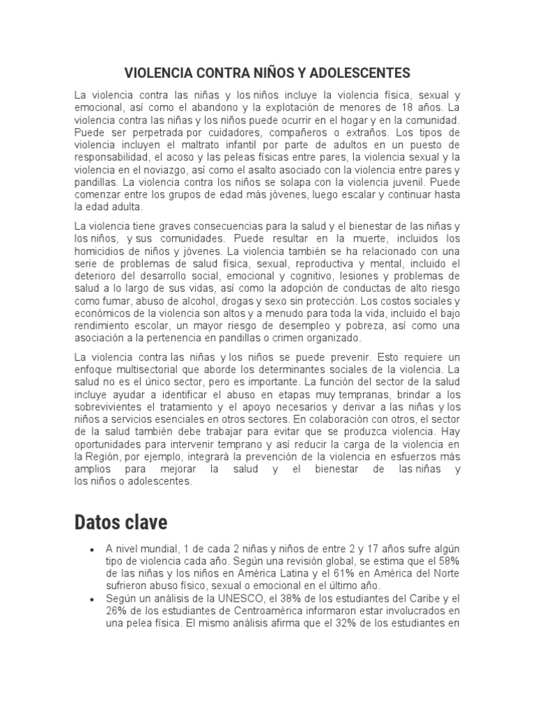 Violencia Contra Niños Y Adolescentes Pdf Violencia Juventud