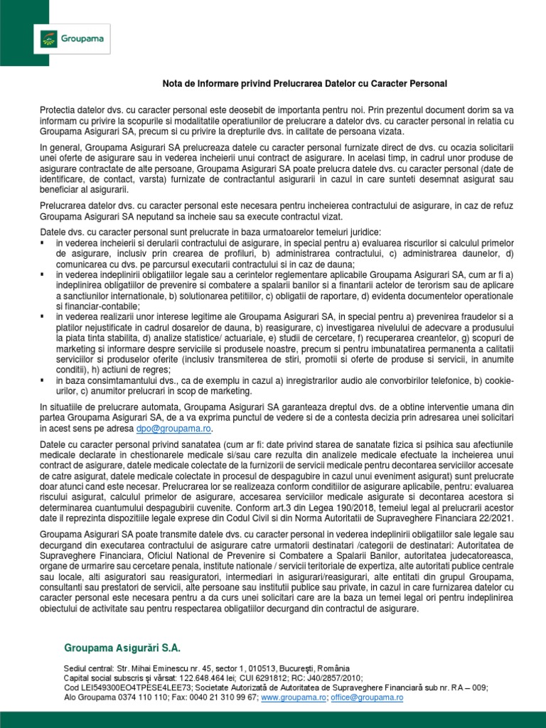 Nota de Informare Privind Prelucrarea Datelor Cu Caracter Personal | PDF