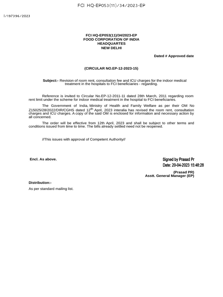 Revision of Room Rent Consultation Fee and Icu Charges PDF