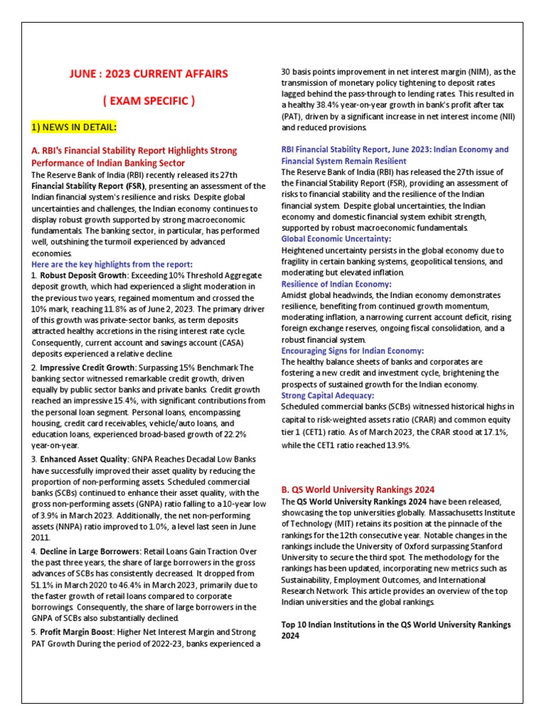 6) June 2023 Current Affairs1 | PDF | Banks | Economy Of India