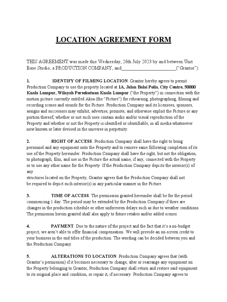 Location Agreement Form PDF Indemnity Government