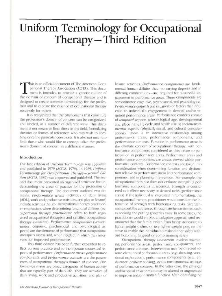 Uniform Terminology For Occupationall TH PDF Occupational Therapy Clinical Medicine