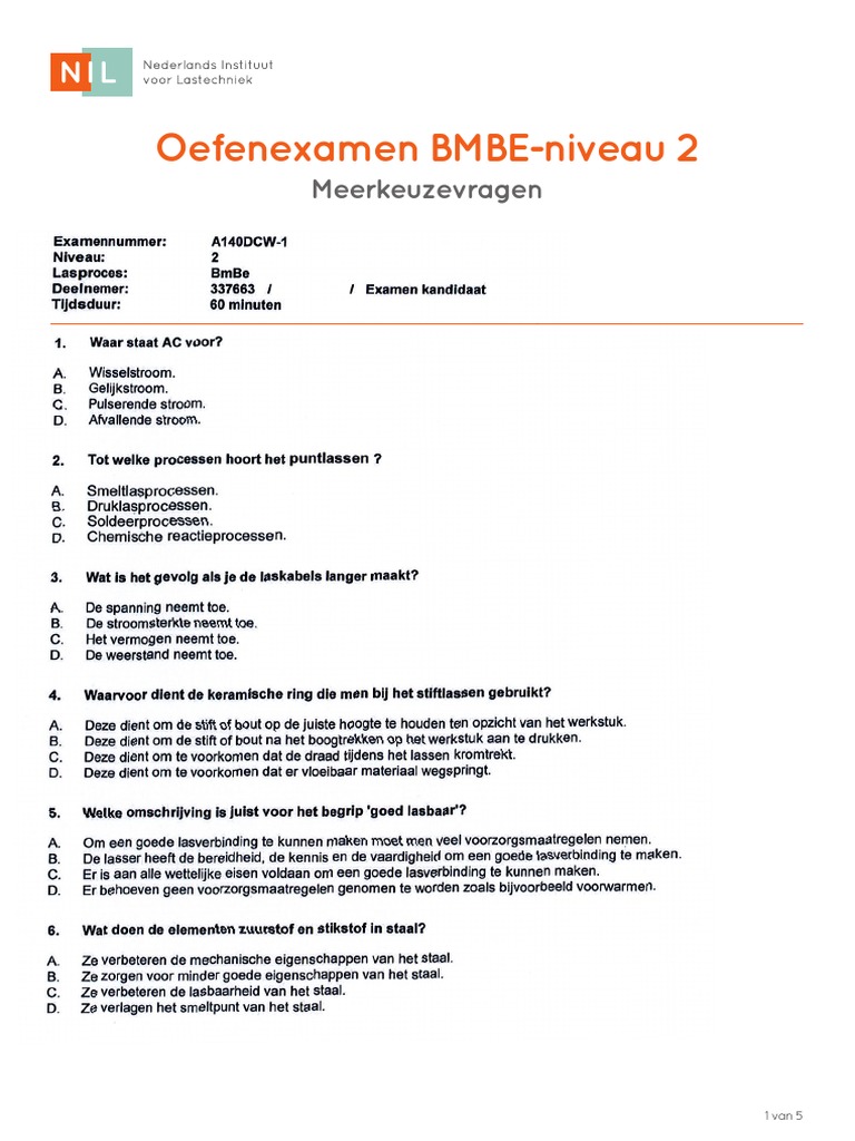1 BMBE - Niveau 2 Oefenexamen Vragen - en - Antwoorden 2021 | PDF