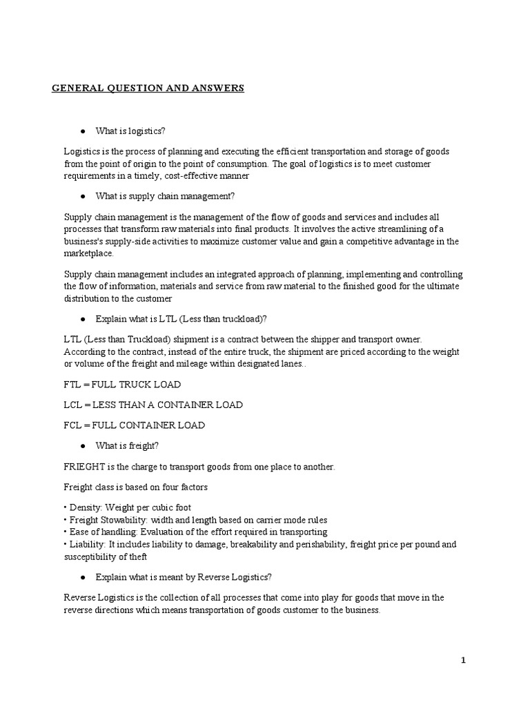 General Question and Answers PDF Cargo Consumer Goods