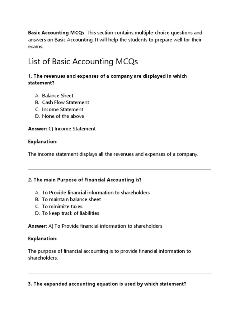 Basic Accounting MCQs for Students | PDF | Debits And Credits | Balance ...