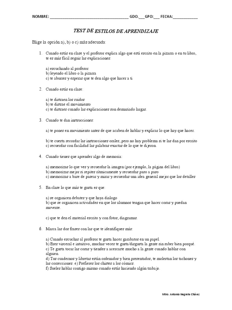 Test de Estilos de Aprendizaje Infantil | PDF | Cognición | Ciencia ...