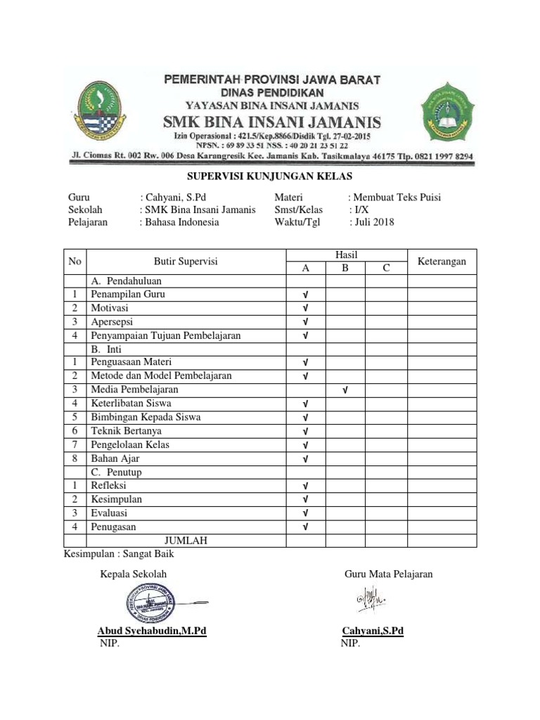 Dokumen Hasil Observasi Kepala Sekolah Terhadap Guru Di Kelas 3 Tiga