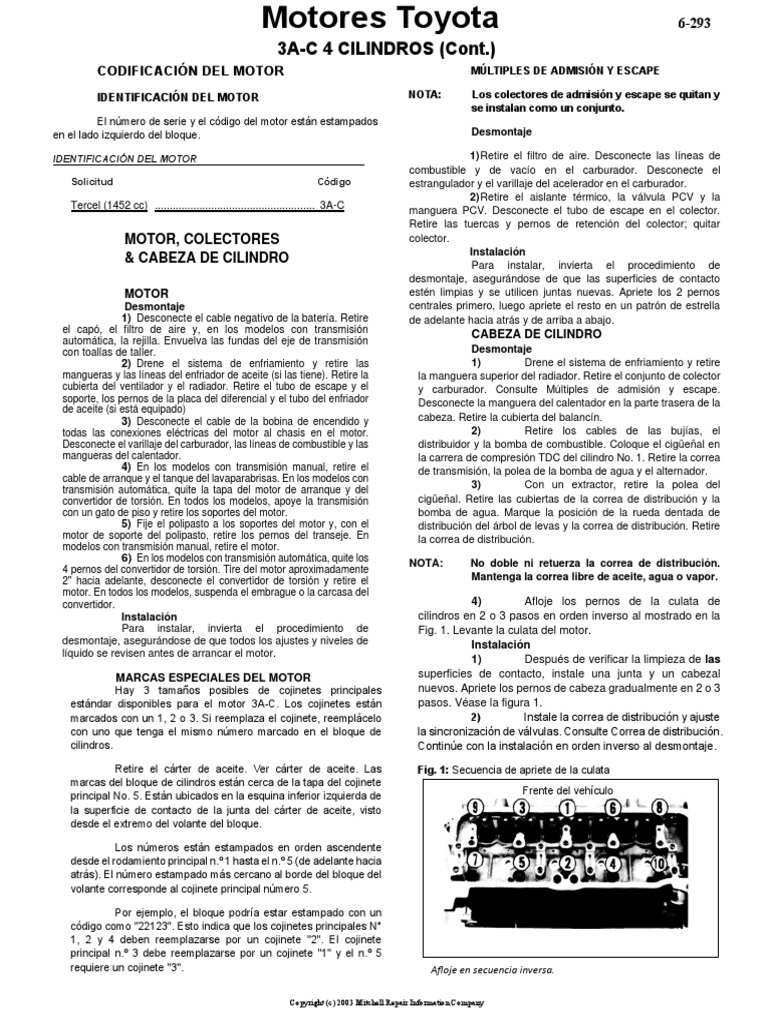 Manual de Mecánica Toyota 3A - Español | PDF | Pistón | Rodamiento ...