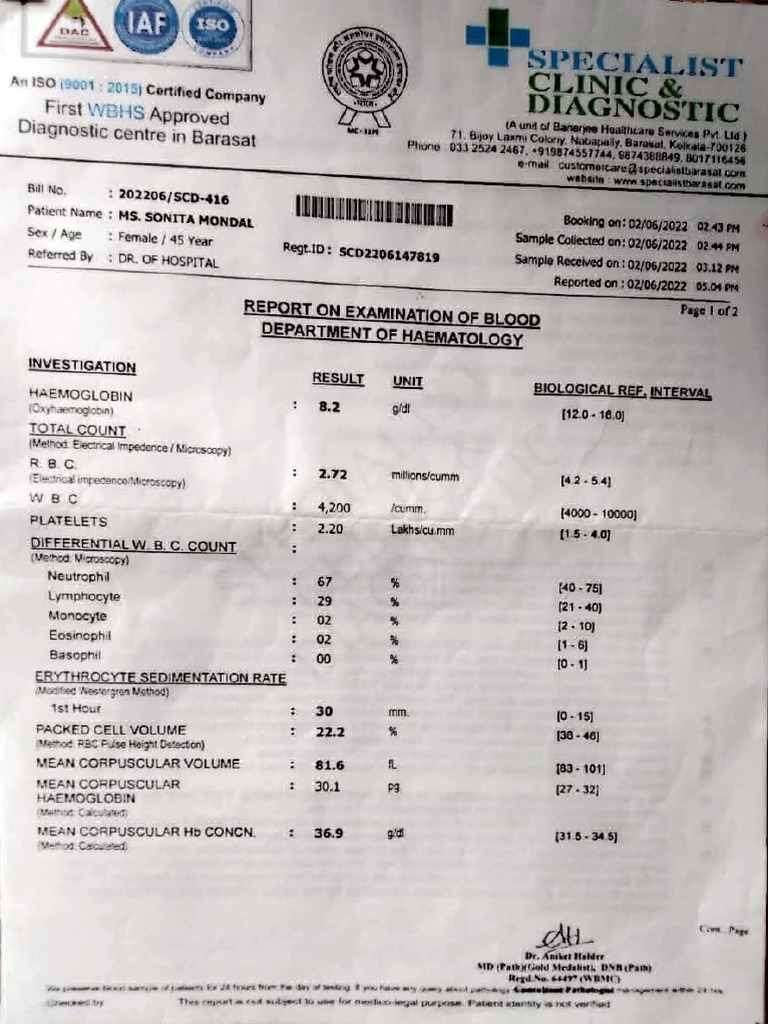 Blood Test Report for Patients | PDF | Medicine | Anatomy