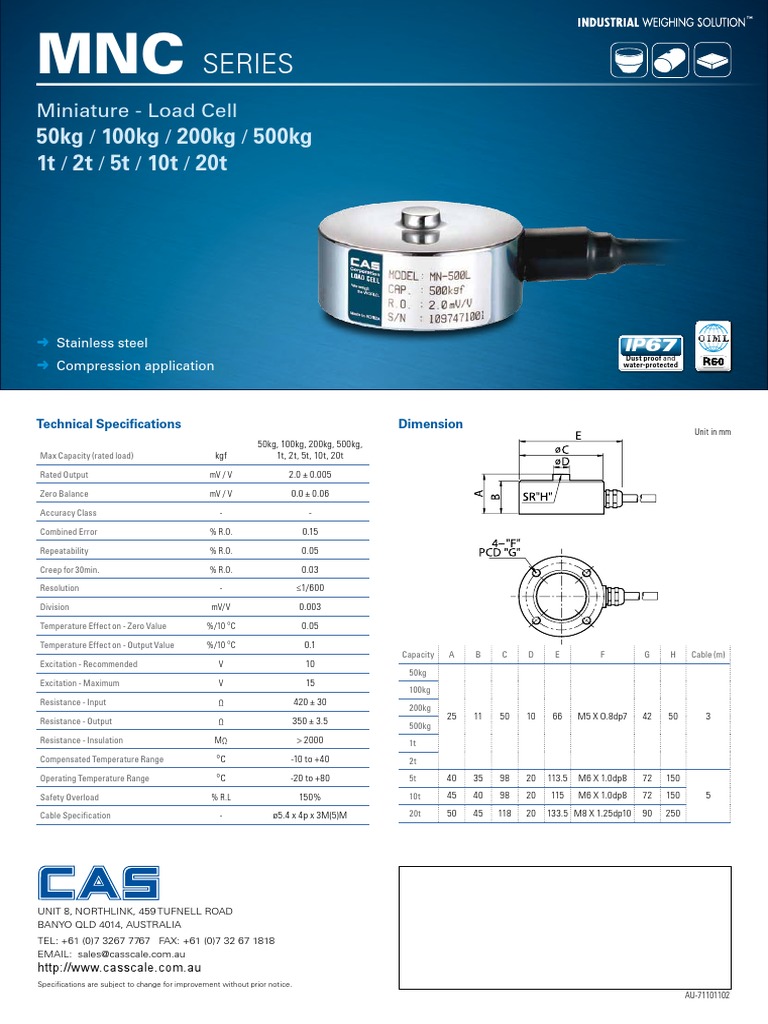 CAS Miniature Load Cell Specifications | PDF | Equipment | Electricity