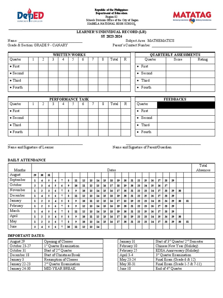 Grade 9 Mathematics Learner Record 2023-2024 | PDF | Academic Term ...