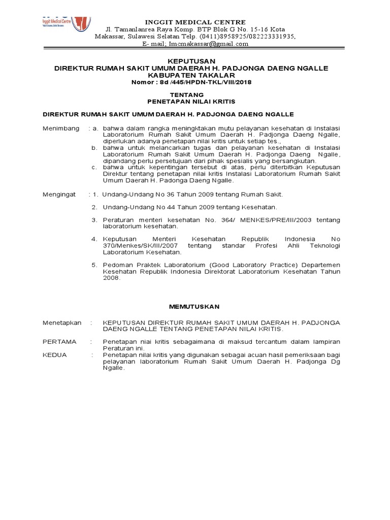 Penetapan Nilai Kritis Laboratorium RS | PDF