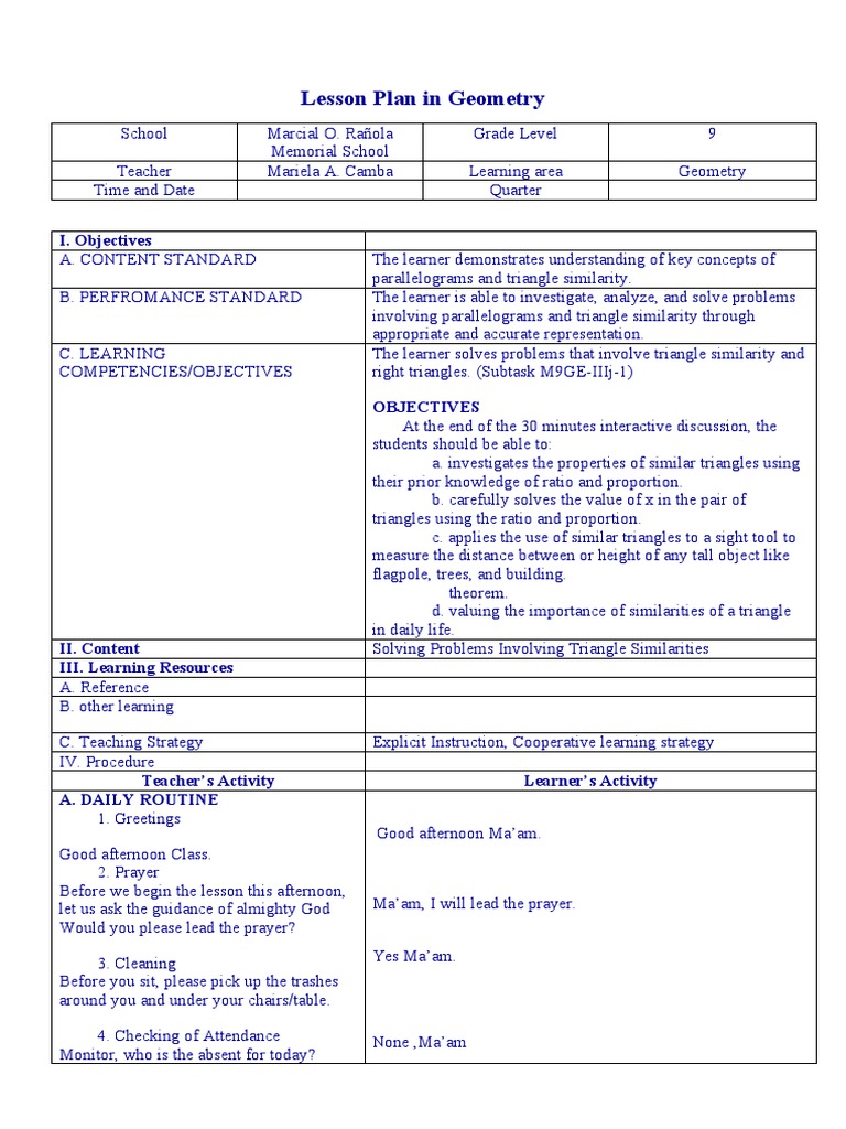Triangle Similarity Lesson Plan for 9th Grade | PDF | Triangle | Learning