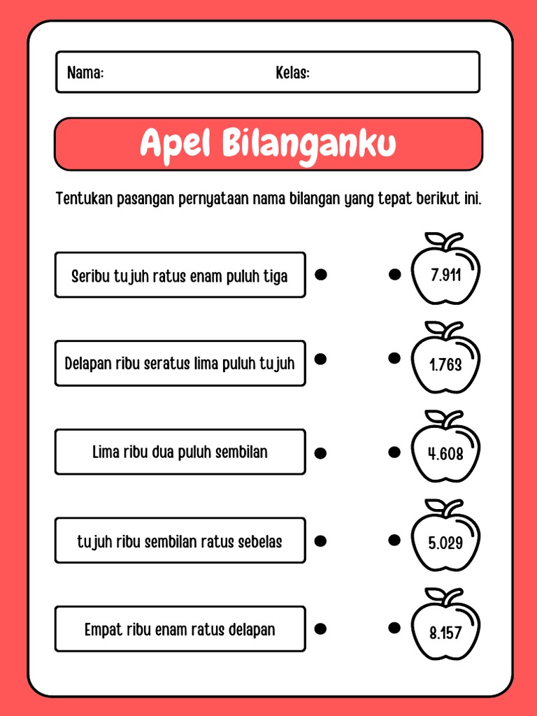 Merah Ilustrasi Apel Nama Bilangan Lembar Kerja Matematika | PDF