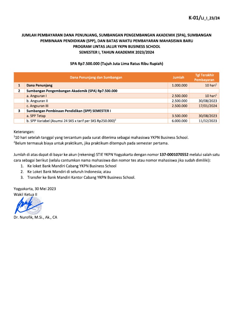 Lampiran Keuangan Surat Diterima Lintas Jalur 2023 2024 | PDF