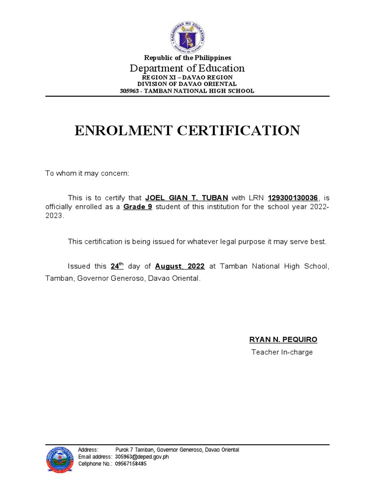 Enrolment Certification PDF