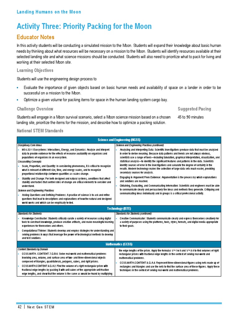 Moon Mission Packing Activity Guide | PDF | Moon | Nasa