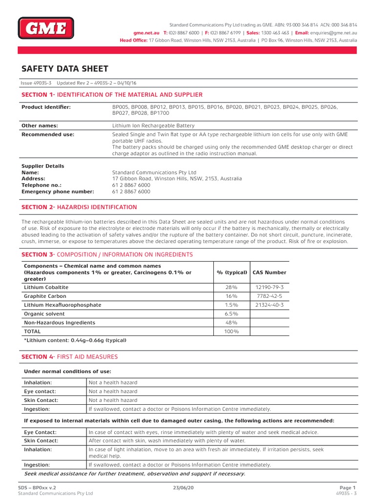 DC9052 Msdsmain PDF Dangerous Goods Rechargeable Battery
