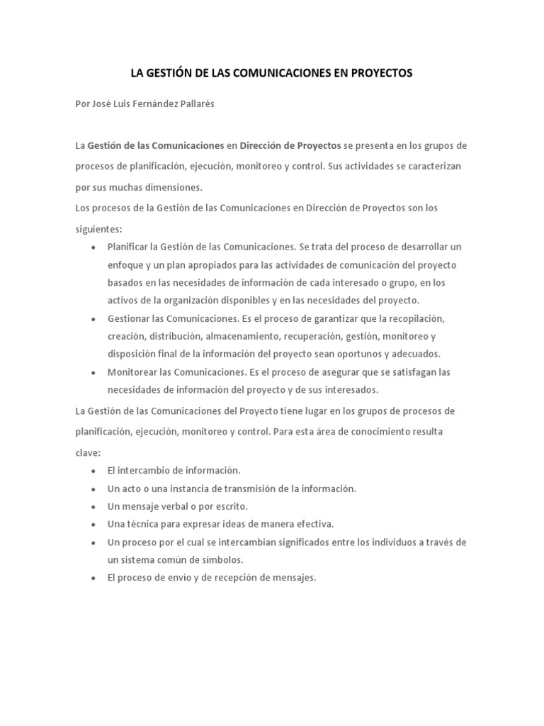 La Gestión De Las Comunicaciones En Proyectos J L Fernández Pdf