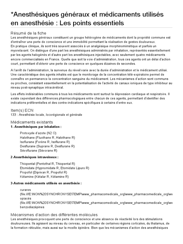 Anesthésiques généraux essentiels et usages PDF Anesthésie — free download